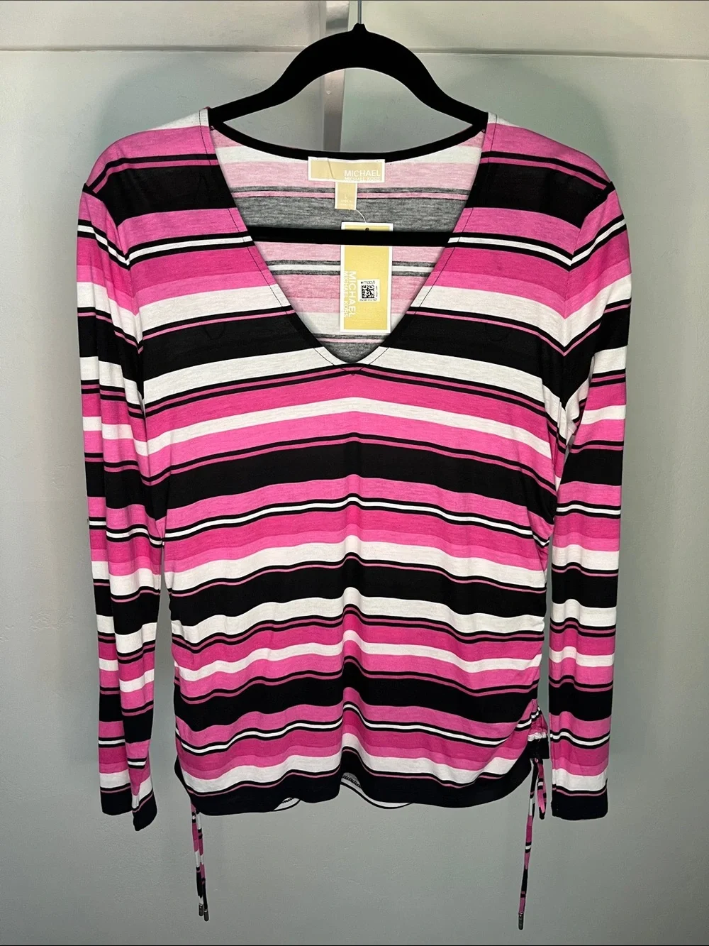 Michael Kors Pink, Black & White Striped V-Neck Long Sleeve Top